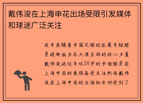 戴伟浚在上海申花出场受限引发媒体和球迷广泛关注