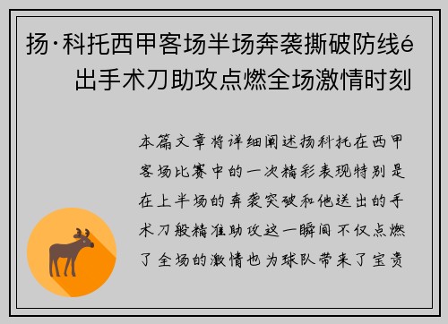 扬·科托西甲客场半场奔袭撕破防线送出手术刀助攻点燃全场激情时刻