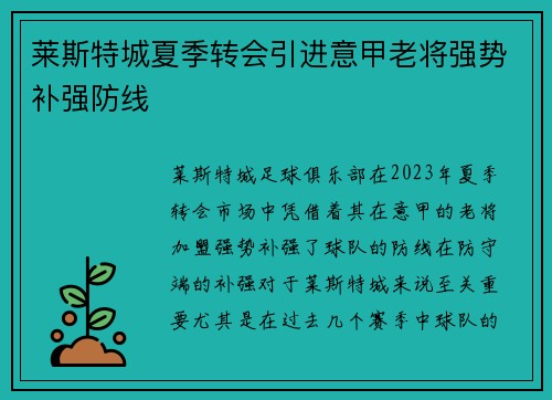 莱斯特城夏季转会引进意甲老将强势补强防线 莱斯特城夏季转会引进意甲老将强势补强防线
